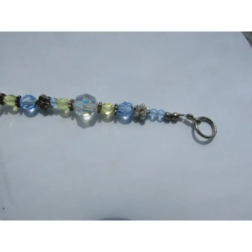 Handmade Irisdescent Blue Yellow Crystal Beaded Silver Tone Toggle Bracelet